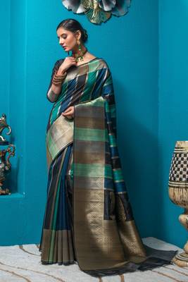 Teal woven cotton saree with blouse 1