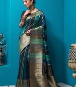Teal woven cotton saree with blouse