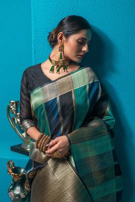 Teal woven cotton saree with blouse 2