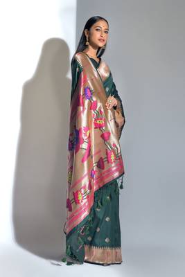 Blue woven tussar silk saree with blouse 3