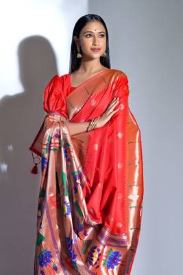 Yellow woven paithani silk saree with blouse 2