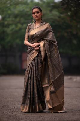 Yellow woven linen saree with blouse 1