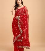 Jatriqq Net Multicolor Sequin Floral Embroidered Red Ruffled Saree with Blouse Piece