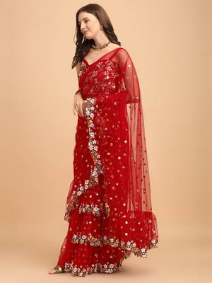 Net Multicolor Sequin Floral Embroidered Red Ruffled Saree with Blouse Piece 2