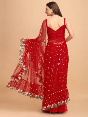 Net Multicolor Sequin Floral Embroidered Red Ruffled Saree with Blouse Piece 3