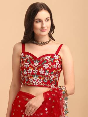 Net Multicolor Sequin Floral Embroidered Red Ruffled Saree with Blouse Piece 4