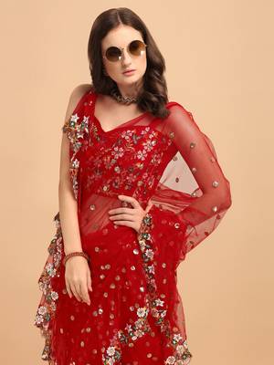 Net Multicolor Sequin Floral Embroidered Red Ruffled Saree with Blouse Piece 5