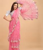 Pink Net Sequinned Embroidered Ruffled Saree with Blosue Piece