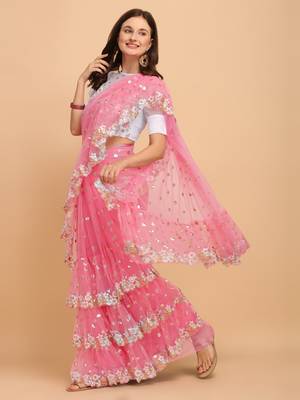Pink Net Sequin Embroidered Ruffled Saree with Blosue Piece 2