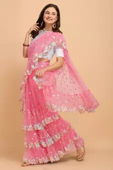 Pink Net Sequin Embroidered Ruffled Saree with Blosue Piece