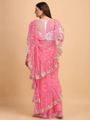Pink Net Sequin Embroidered Ruffled Saree with Blosue Piece 3