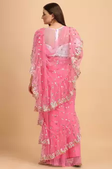 Pink Net Sequin Embroidered Ruffled Saree with Blosue Piece