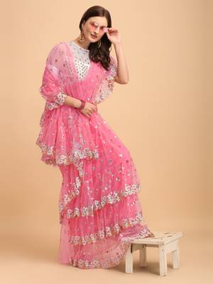 Pink Net Sequin Embroidered Ruffled Saree with Blosue Piece 4