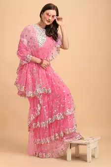 Pink Net Sequin Embroidered Ruffled Saree with Blosue Piece