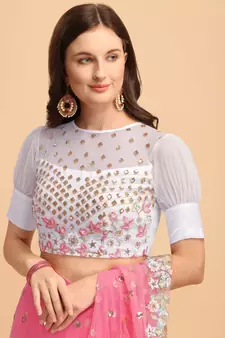 Pink Net Sequin Embroidered Ruffled Saree with Blosue Piece