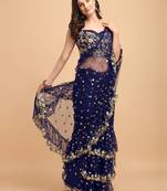 Blue Net Sequin Embroidered Ruffled Saree with Blouse Piece