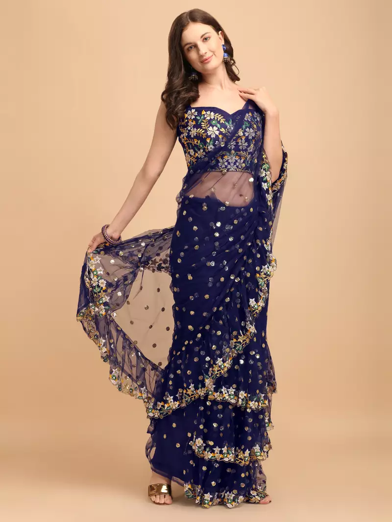 Blue Net Sequinned Embroidered Ruffled Saree with Blosue Piece