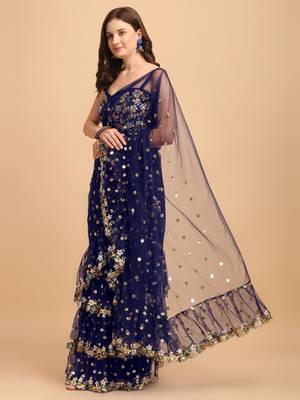 Blue Net Sequin Embroidered Ruffled Saree with Blouse Piece 2