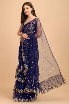 Blue Net Sequin Embroidered Ruffled Saree with Blouse Piece