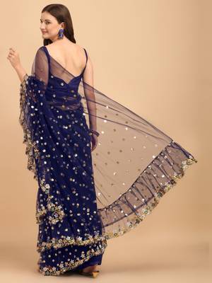 Blue Net Sequin Embroidered Ruffled Saree with Blouse Piece 3