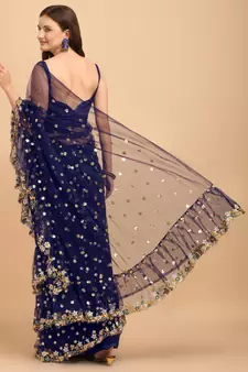 Blue Net Sequin Embroidered Ruffled Saree with Blouse Piece