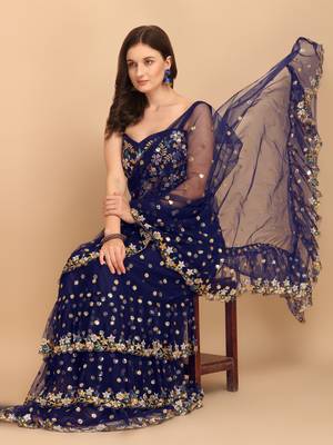 Blue Net Sequin Embroidered Ruffled Saree with Blouse Piece 4