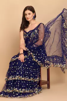 Blue Net Sequin Embroidered Ruffled Saree with Blouse Piece