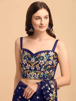 Blue Net Sequin Embroidered Ruffled Saree with Blouse Piece 5