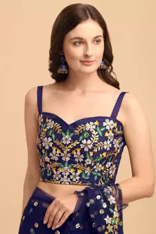 Blue Net Sequin Embroidered Ruffled Saree with Blouse Piece