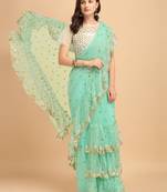 Turquoise Net Sequinned Embroidered Ruffled Saree with Blosue Piece