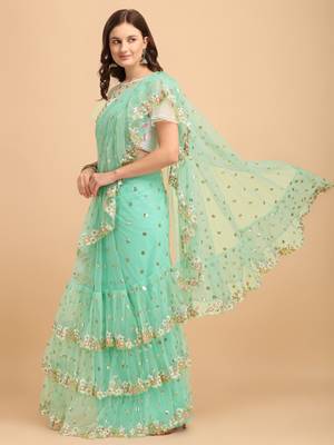 Turquoise Net Sequin Embroidered Ruffled Saree with Blosue Piece 2