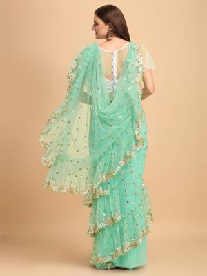 Turquoise Net Sequin Embroidered Ruffled Saree with Blosue Piece 3