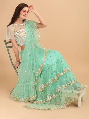 Turquoise Net Sequin Embroidered Ruffled Saree with Blosue Piece 4