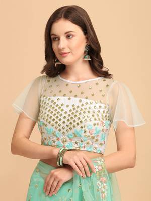 Turquoise Net Sequin Embroidered Ruffled Saree with Blosue Piece 5