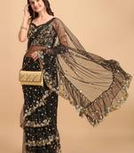 Black Net Sequinned Embroidered Ruffled Saree with Blosue Piece