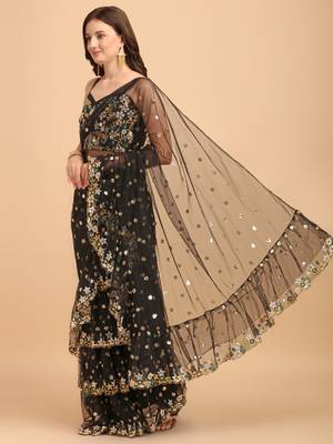 Black Net Sequinned Embroidered Ruffled Saree with Blosue Piece 2