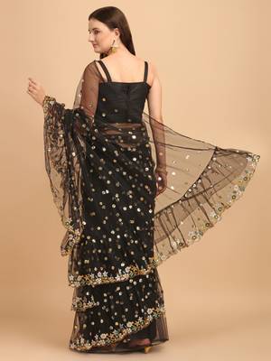 Black Net Sequinned Embroidered Ruffled Saree with Blosue Piece 3