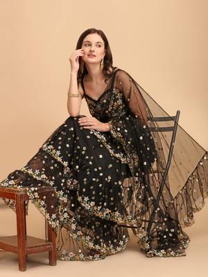 Black Net Sequinned Embroidered Ruffled Saree with Blosue Piece 4