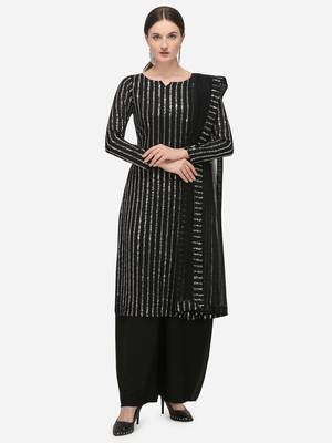 Black Faux Georgette Embroidered Semi-Stitched Top Palazzo Dupatta 1