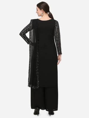 Black Faux Georgette Embroidered Semi-Stitched Top Palazzo Dupatta 2