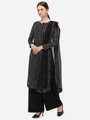Black Faux Georgette Embroidered Semi-Stitched Top Palazzo Dupatta 3