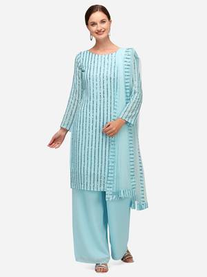 Sky Blue Faux Georgette Embroidered Semi-Stitched Top Palazzo Dupatta 1