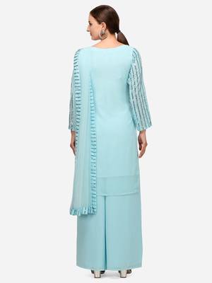 Sky Blue Faux Georgette Embroidered Semi-Stitched Top Palazzo Dupatta 2