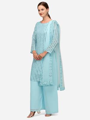 Sky Blue Faux Georgette Embroidered Semi-Stitched Top Palazzo Dupatta 3