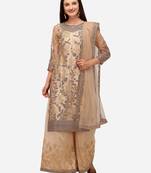 Cream Net Embroidered Semi-Stitched Top Palazzo Dupatta