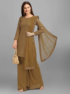 Brown Faux Georgette Embroidered Semi-Stitched Top Sharara Dupatta 1