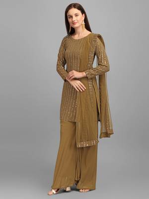 Brown Faux Georgette Embroidered Semi-Stitched Top Sharara Dupatta 2