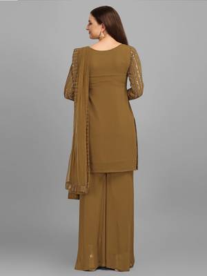 Brown Faux Georgette Embroidered Semi-Stitched Top Sharara Dupatta 3