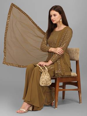 Brown Faux Georgette Embroidered Semi-Stitched Top Sharara Dupatta 4