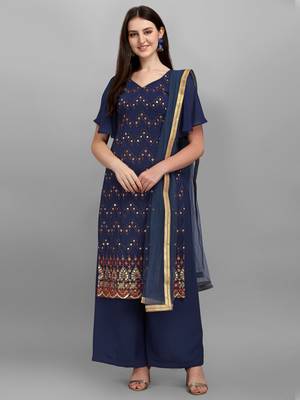 Blue Faux Georgette Embroidered Top Palazzo Dupatta 1